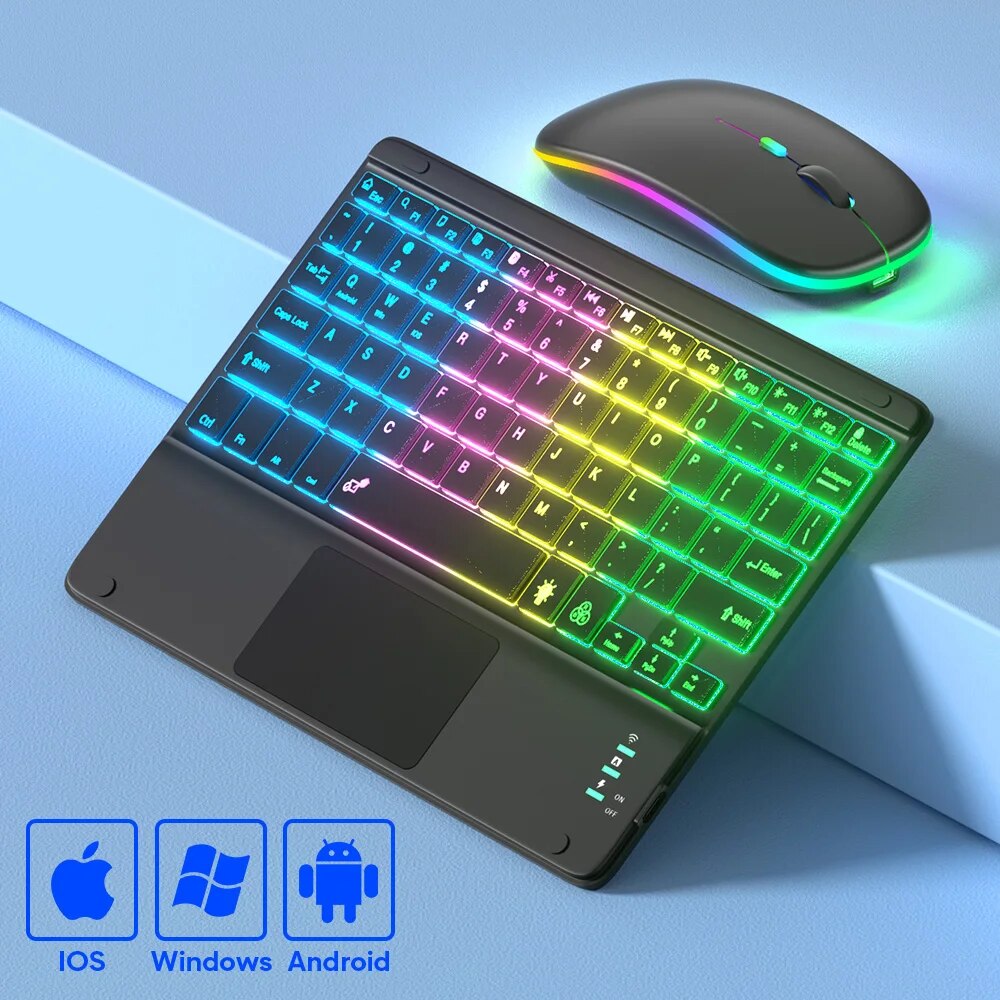 Accessories For Android Tablet - Teclado Bluetooth com Touchpad, Recarregável, Retroiluminado,